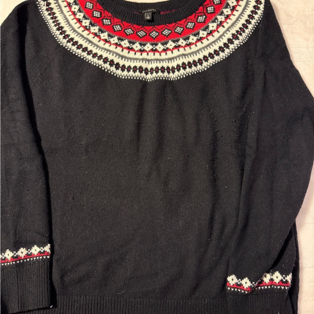 Talbots Black Sweater with Red and White Design
